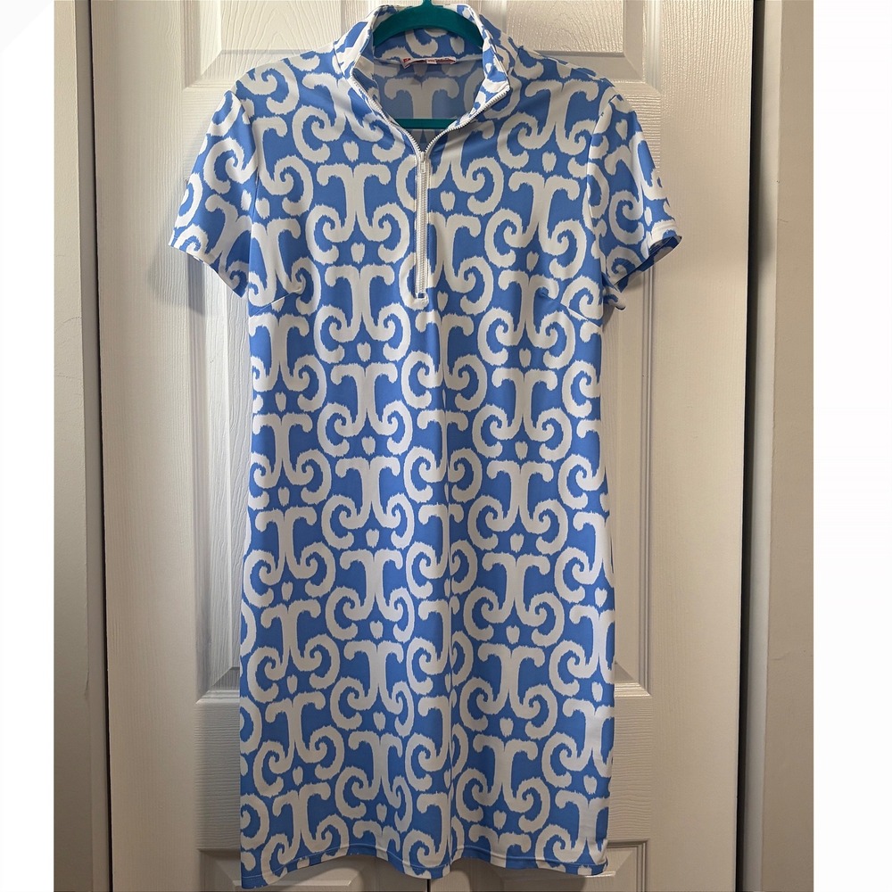 Jude Connally Womens Blue White Ikat Scroll Print Quarter Zip Shift Dress Large